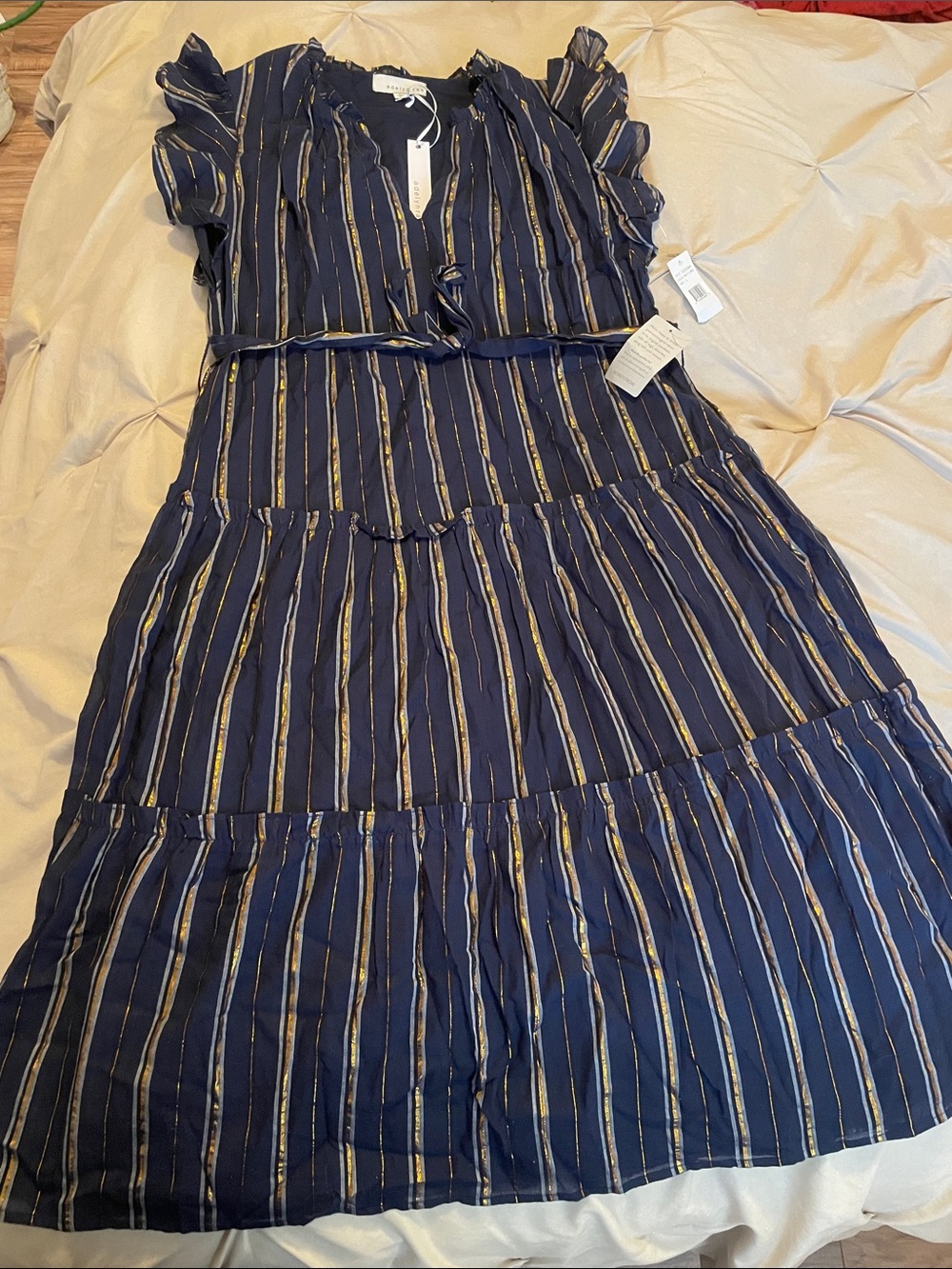 Adelyn Rae Navy Maxi Dress with Gold and Light Blue Stripes